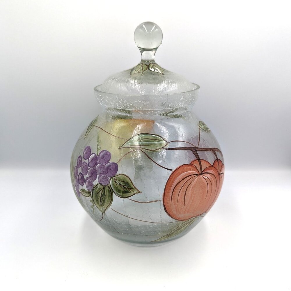 American Atelier POMPEII FRUIT Hand Painted Crackle Glass Cookie Jar w Lid 11"